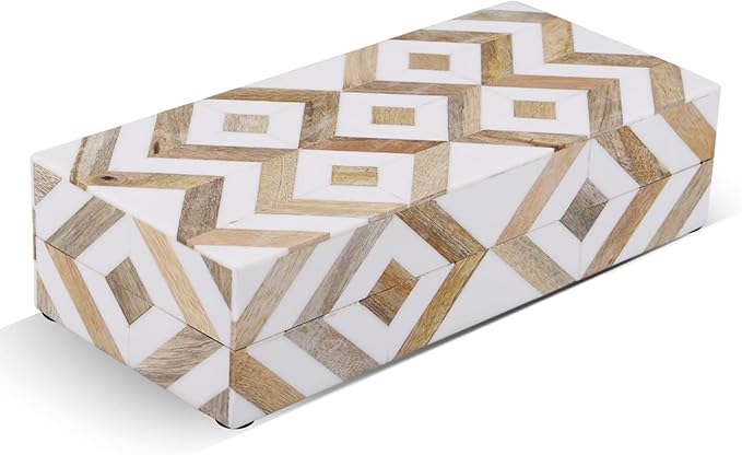Handicrafts Home White Decorative Box with Lid–Marquet Resin Inlay & Wood Decorative Boxes for Home Decor, Decor, Storage Box for Jewellery & Keys White Brown Neutral Decorative Storage Box-10x4.5x2.5