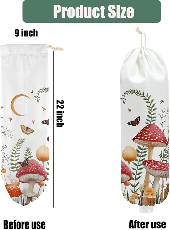 Mushroom Plastic Bag Holder, Wall Mount Plastic Bag Holders for Grocery Bags, Butterfly Large Waterproof Grocery Bags Storage Dispenser for Home Kitchen Pantry Decor, Cute Mushroom Gifts for Women Mom