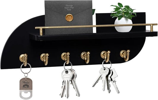 Key Holder for Wall, Wood Wall Mounted Key Rack with 6 Sturdy Metal Hooks for Bags, Coats, Umbrella, 14 Inches Mail Organizer for Home Entryway Decor, Black and Gold