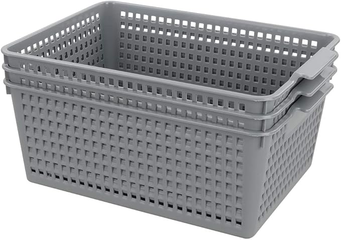 3-pack Large Plastic Storage Basket Bins, Grey Baskets for Organizing