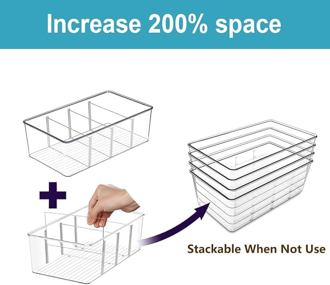 Set of 8 Pantry Organizers,2 Kinds Size Clear Plastic Organizer Bins for Kitchen,Fridge,Drawer Organization and Storage,4 compartment Snack Containers for Spice Packets,Tea bag