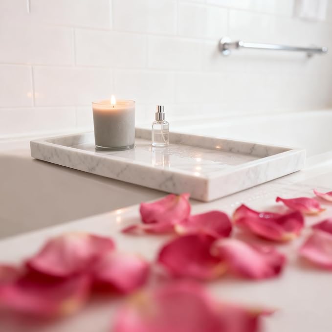 Natural Marble Vanity Bathroom Tray, 10" x 6.1" x 0.9" Not Plastic, Real Stone Home Decor Tray for Bathroom,Countertop,Kitchen, Sink Storage Holder Organizer for Soap Candles Perfume