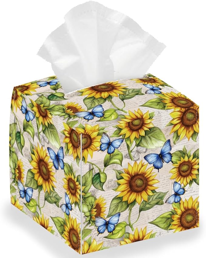 Sunflowers Tissue Box Holder, Butterflies Square Tissue Box Cover Foldable Tissue Storage Box Waterproof Paper Towel Case Container Organizer Tissue Box Holder for Bathroom Car Nightstand