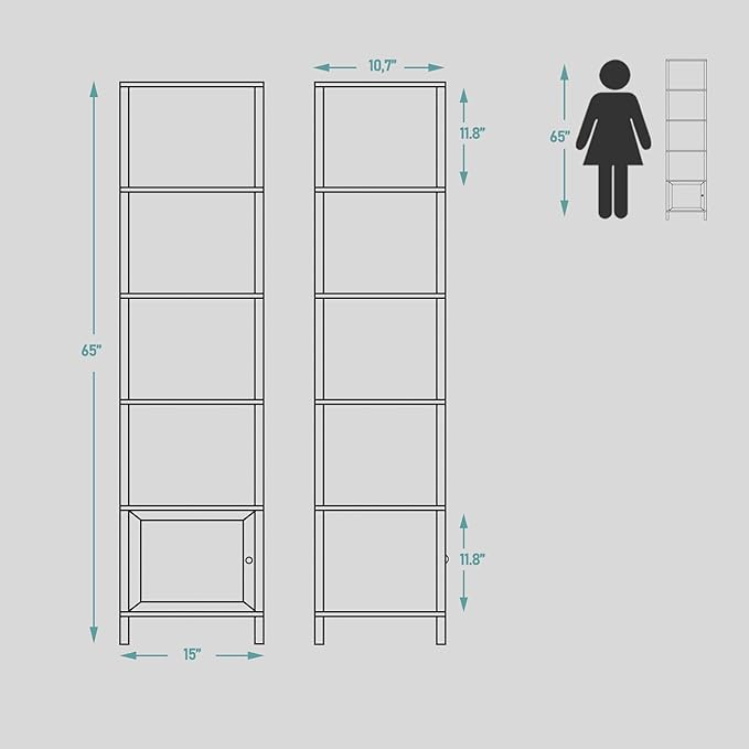 TUTOTAK 6 Tier Bookcase and Bookshelf, Narrow Book Shelf with Door for Small Space, for Living Room, Office, Study, Entryway, Greige BS03BG006