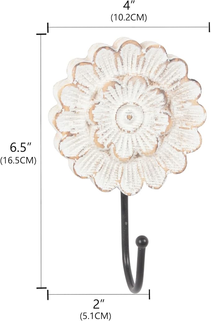 Distress Wood Flower Coat Hooks for Wall Hanging, Single Small Vintage Decorative Hanger for Keys, Bags, Towels (Long Hanger)