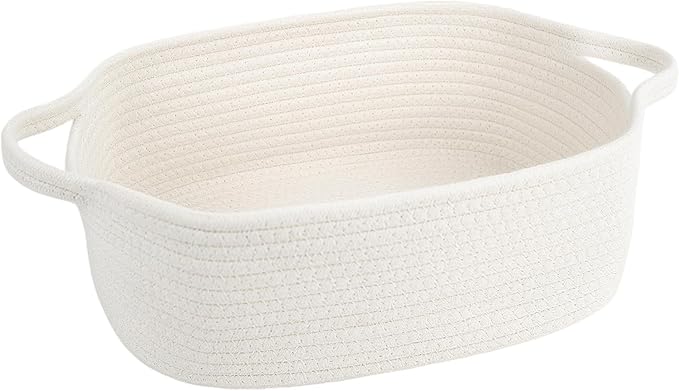 Cotton Rope Storage Basket with Handles, Natural Woven Basket, Decorative Rectangle Organizer Bin for Home, Nursery, Montessori, Dog Toy Storage and Bathroom Organization, White