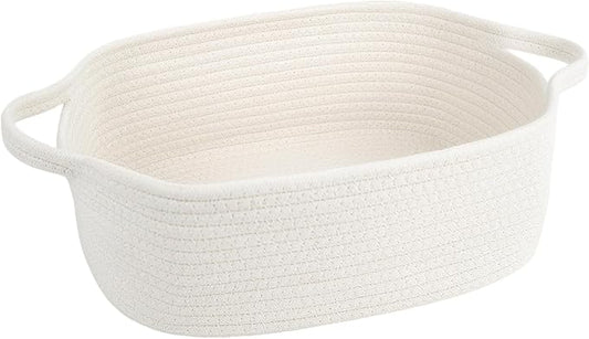 Cotton Rope Storage Basket with Handles, Natural Woven Basket, Decorative Rectangle Organizer Bin for Home, Nursery, Montessori, Dog Toy Storage and Bathroom Organization, White