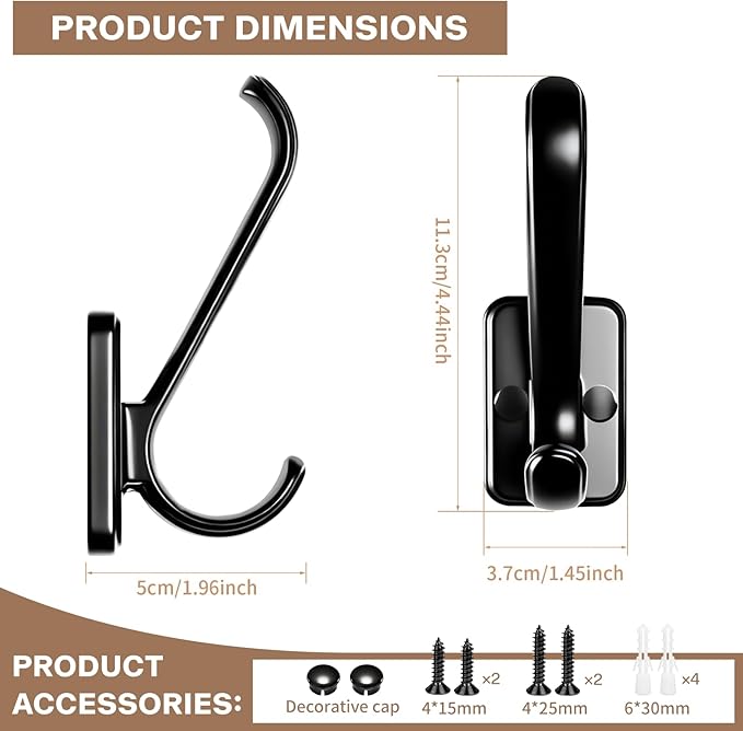 Coat Hooks Heavy Duty - Metal Wall Hooks Wall Mount with Concealed Screw Design Matte Black Hooks for Hanging Towel, Key, Robe, Scarf, Entryway Closet Mudroom Bathroom (2, Black)