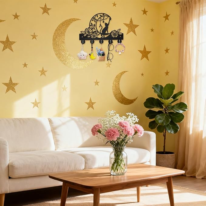 MAYJOYDIY Cat Moon Flower Coat Rack Wall Mounted Wood Animal Moon Star Key Hanger Wall Art Decor 11.8×7.9inch 5 Alloy Hooks Black Key Rack Organizer for Gift Entryway Hallway Kitchen Room