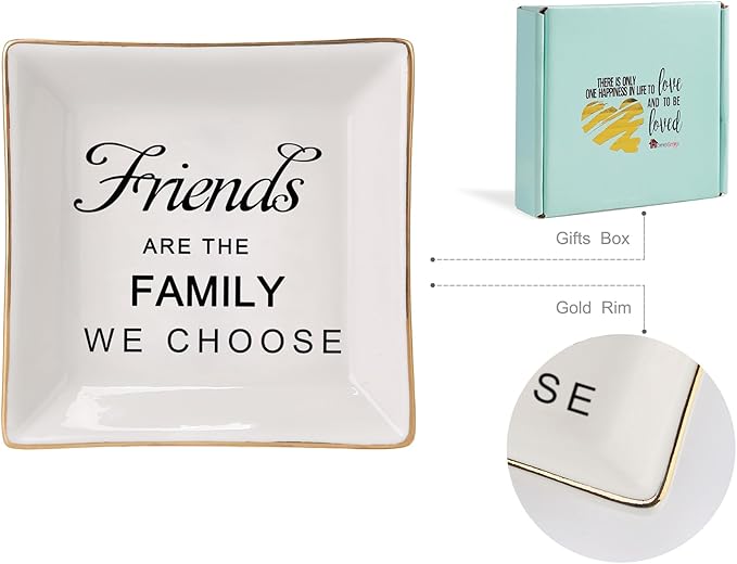 HOME SMILE Birthday Christmas Funny Gifts for Best Friend-Ceramic Ring Dish Jewelry Trayï¼Friends are Family We Choose