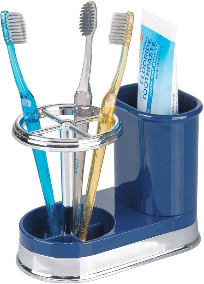 mDesign Decorative Bathroom Dental Storage Organizer Holder Stand for Electric Spin Toothbrush/Toothpaste - Compact Design for Countertop and Vanity, Holds 4 Standard Brushes - Navy Blue/Chrome