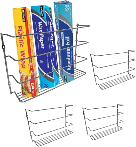 Evelots Kitchen Wrap Organizer - 4 Pack - Hold up to 4 Plastic, Foil, Paper, Wax - Cabinet Door, Wall Rack Basket - Sandwich, Freezer, Food Bag Storage - Laundry Supplies - Chrome Finished Metal