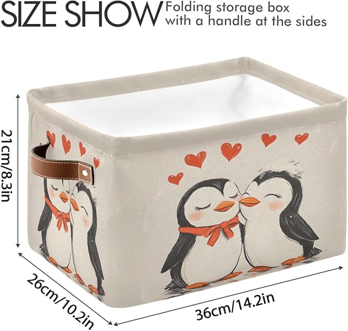 Penguin Heart Storage Basket,Large Storage Bin Fabric Collapsible Organizer Bag with Handles 15x11x9.5 inch