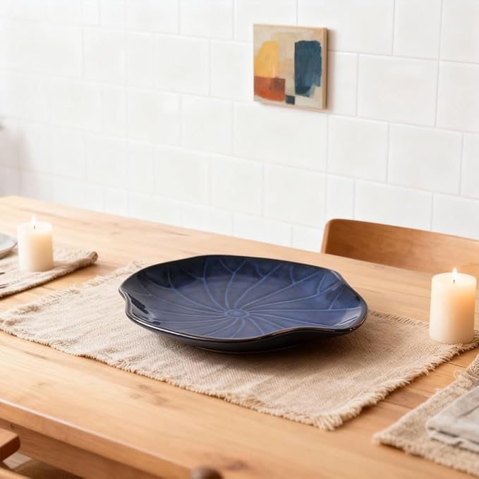 Blue Lotus Leaf-Shape Ceramic Decorative Tray, Navy Blue Decor Pottery Key Bowl, Candy Dish, Small Jewelry Trinket Tray for Bedroom, Centerpiece, Bedside Table, Living Room, Entryway Table (Blue)