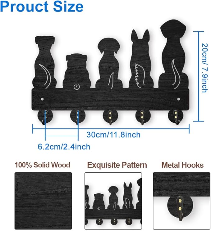 MAYJOYDIY Dog Coat Rack Wall Mount 11.87.9inch 5 Style Key Holder for Wall Decorative Wood Black Key Rack Hanger Organizer 5 Alloy Hooks for Leash Wall Art Decor Dog Lover Gift