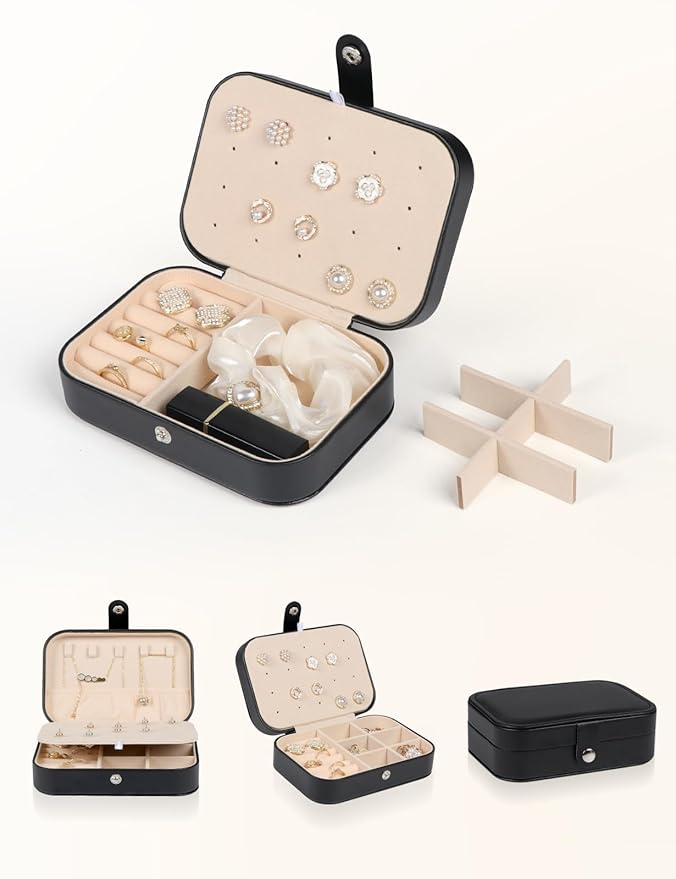 Travel Jewelry Box,Upgraded Travel Jewelry Case,Portable Jewelry Boxes for Women,PU Leather Jewelry Box,Travel Jewelry Organizer for Necklaces,Rings,Earrings,Bracelets,Black