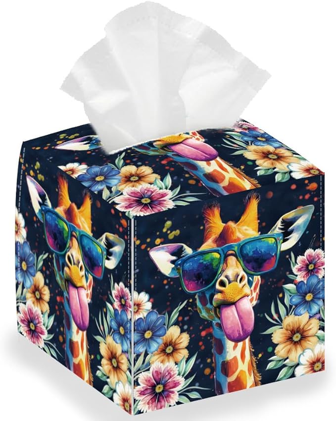 Giraffe Tissue Box Holder, Square Tissue Box Cover Foldable Tissue Storage Box Waterproof Paper Towel Case Container Organizer Tissue Box Holder for Bedroom Office Bathroom Car Nightstand