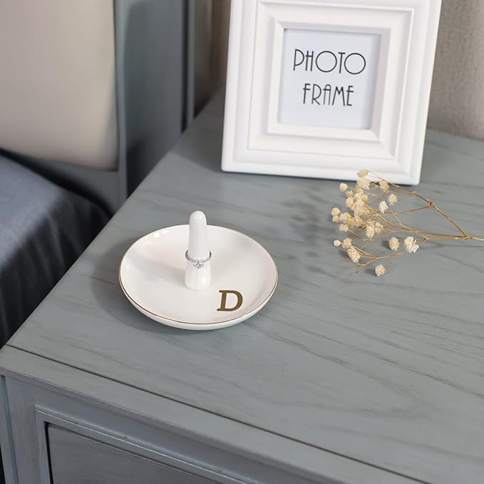 HOME SMILE Initials Ring Holder Jewery Tray with personalized D-Monogrammed Engagement Gifts for Friends,Birthday Mother's Day Christmas Gifts for Women,Ceramic White