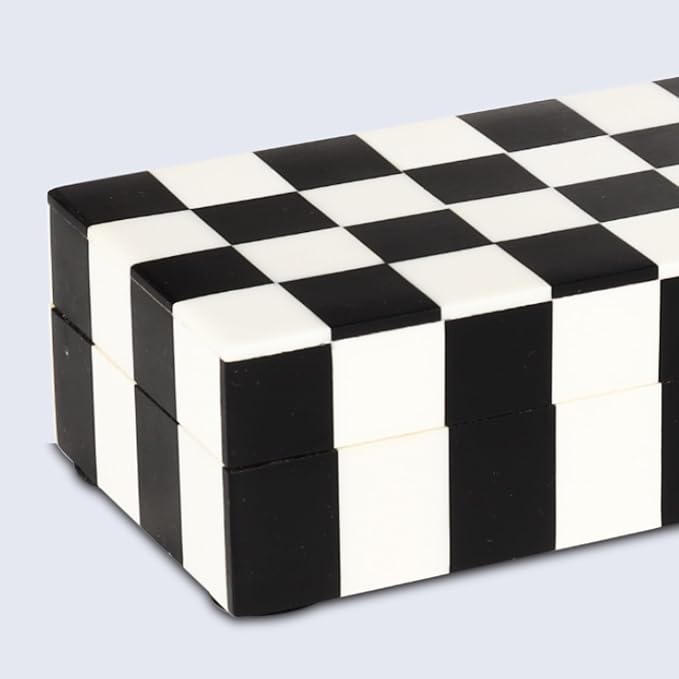 Handicrafts Home Decorative Storage Box with Lid – Black and White Remote Control Box, Slim Coffee Table Storage Box, Decorative Box for Shelf, Desk & Living Room Decor – Puzzle Check 10 x 2.5 x 1.5