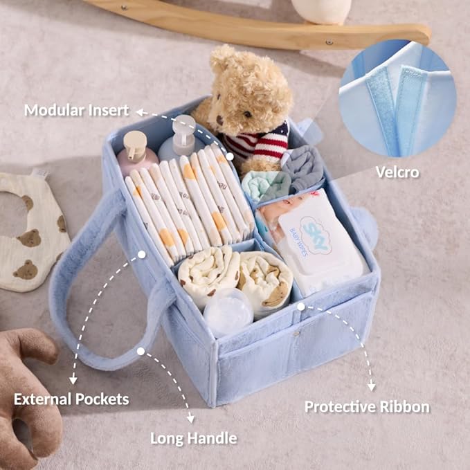 luxury little Soft Baby Diaper Caddy Organizer, Nursery Storage Basket with Removable Divider, Portable Baby Diapers Basket, Gifts for New Parent, Baby Shower, Newborn Must-Have Essentials, Baby Blue