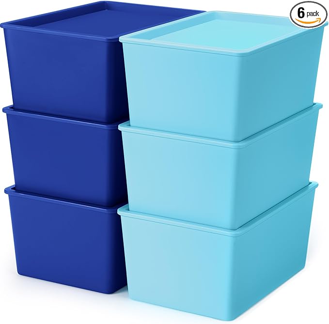 Menkxi 6 Pcs Storage Bins with Lids Small Plastic Storage Containers Stackable Storing Baskets Box Cute Organizer Bins for Organizing Shelves (Blue Series)