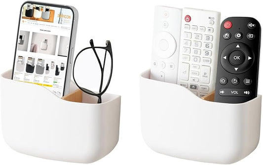 SUNFICON Wall Mount Remote Control Holders 2 Pack Adhesive Media Player Controller Holder Universal TV Remote Organizer Caddy Box Tray Hollow Bottom Phone Charging Home Office Desk Nightstand White