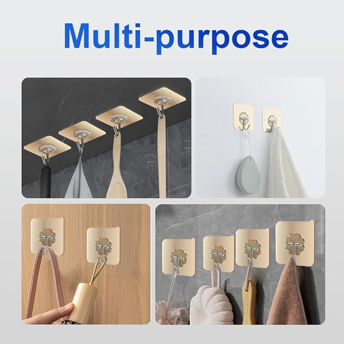Koja 5 Pack Heavy-Duty Self-Adhesive Hooks - Transparent, Waterproof, Stick-on Wall Hooks for Keys, Bathroom, Shower, Outdoor, Kitchen, Door, Home Improvement, Utility Room - Brushed Gold