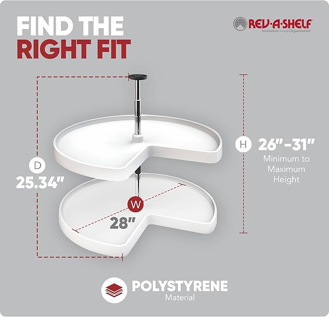 Rev-A-Shelf 2 Tier Kidney Cut Lazy Susan for Corner Base Cabinets, Plastic, 28" Double Shelf Swivel Kitchen Spice/Can Organizer, White, 3472-28-11-52
