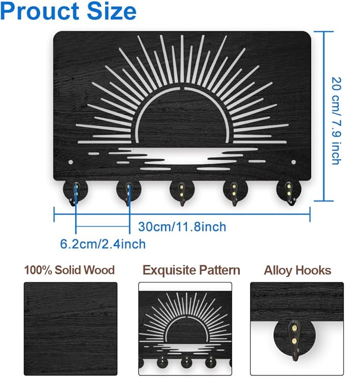MAYJOYDIY Sunrise Sea Wood Key Holder for Wall 11.8x7.8inch Romantic Scenery Wall Mounted Key Hooks Coat Hanger Rack with 5 Alloy Hooks for Entryway Front Door Kitchen Office Decoration