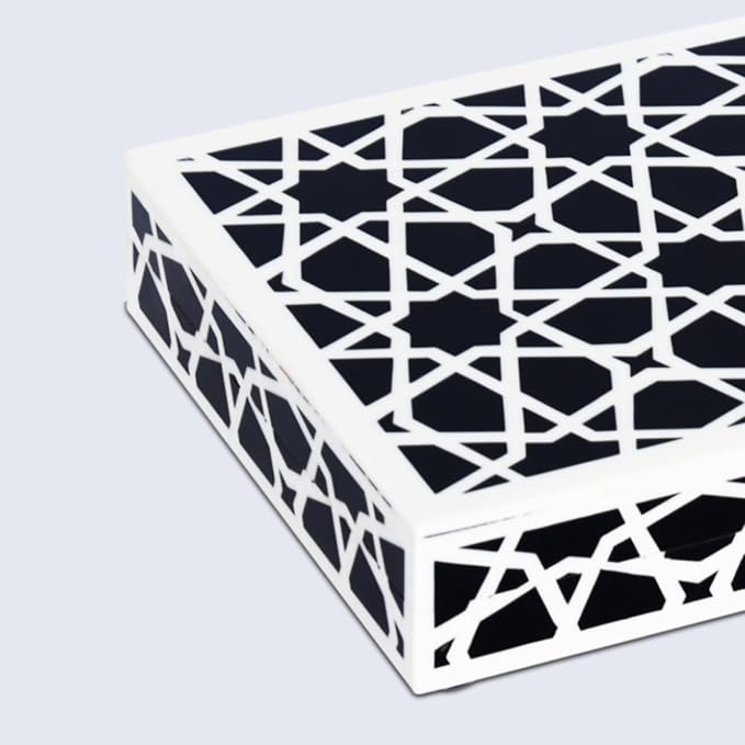 Handicrafts Home Decorative Storage Box with Lid – Black and White Moroccan Zellij Decorative Remote Control Box, Slim Coffee Table Storage Box for Shelf, Desk & Living Room Decor – Zellij 8 x 6 x 1.5