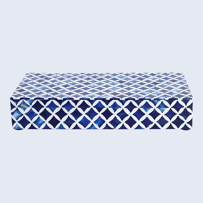 Handicrafts Home Large Decorative Storage Box with Lid â 12x6x5â Coffee Table Organizer, Keepsake- Decorative Boxes for Home Decor, Stylish Decorative Box for Office Decor- Blue White Star