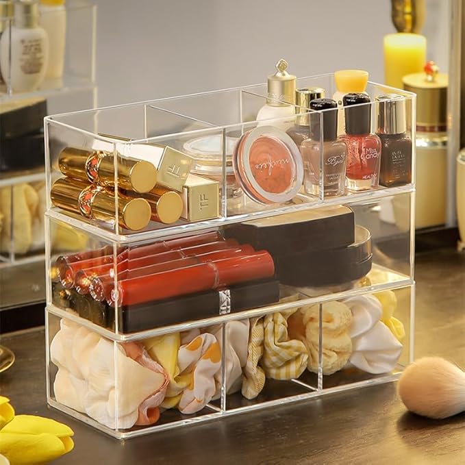 Stackable Clear Drawer Organizers Small Makeup Vanity Storage Bins Trays and Office Desk Drawer Dividers Triple Compartments 2 Pack