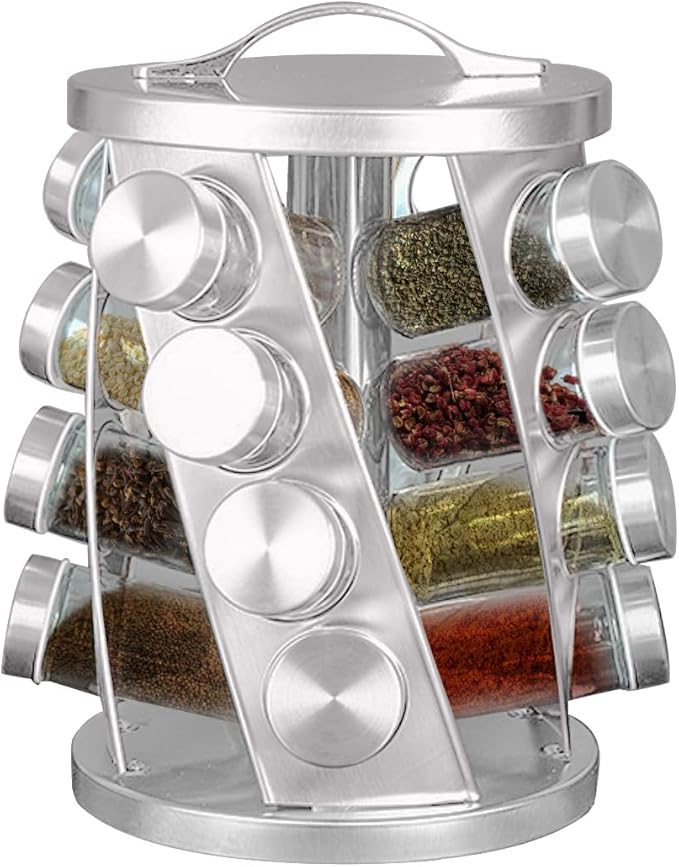 TINMIX Portable Stainless Steel Spice Rack with 16 Spice Jars Included Revolving Spice Organizer for Kitchen Tower Storage Rack for Spices and Seasoning Silver