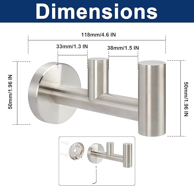 NearMoon Bathroom Double Towel Hook- SUS304 Stainless Steel Robe Towel Holder, Heavy Duty Double Coat Hook for Bathroom Livingroom Kitchen Wall Mounted (Brushed Nickel-F, 2 Pack)