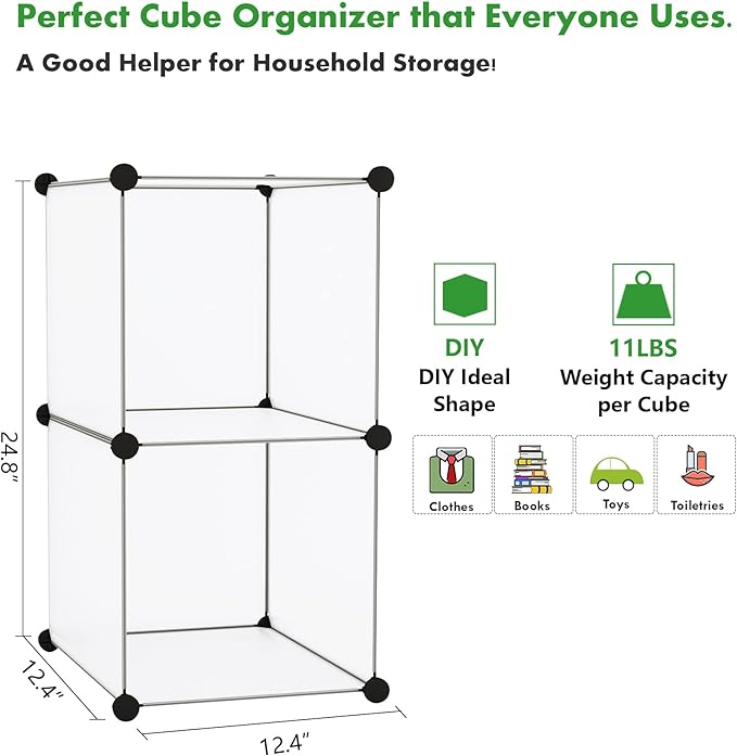 C&AHOME Cube Storage, 2-Cube Organizer Unit, Plastic Closet Storage Shelf, DIY Bookshelf, Modular Bookcase, Cabinet Ideal for Bedroom, Living Room, Office, 12.4" L x 12.4" W x 24.8" H White SBTM3002A