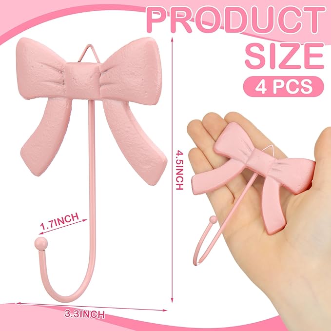 Geelin 4 Pcs Coquette Pink Bow Wall Hook Metal Decorative Bow Knot Door Hanger Rustic Coat Rack Towel Hook for Coat Hat Towel Multi-Purpose Bathroom Kitchen Living Room Home Decor
