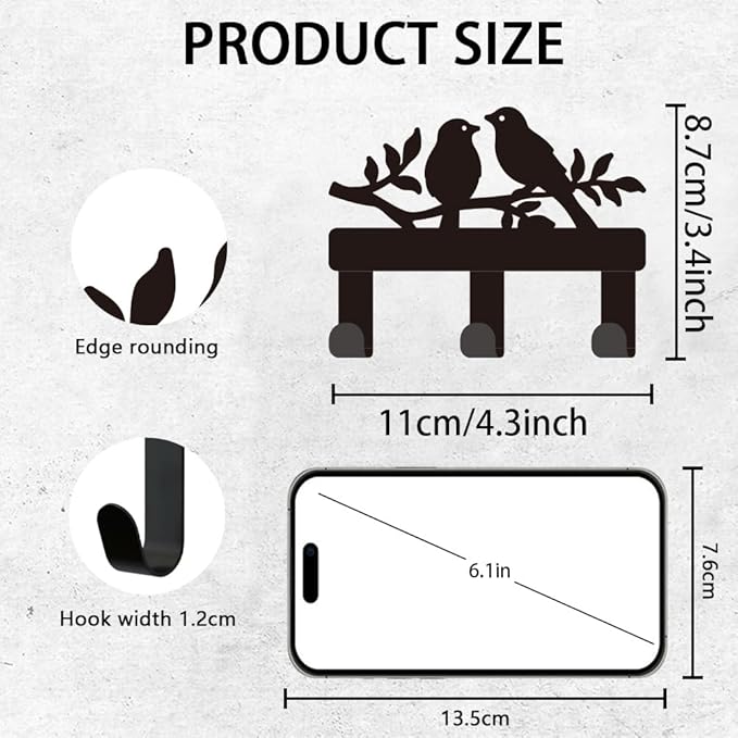 Birds Branch Metal Key Holder for Wall Mini Key Hook Organizer Rack Key Hangers Wall Decorative with 3 Hooks for Entryway Front Door Hallway Kitchen Office Bag Clothes Key Hanging