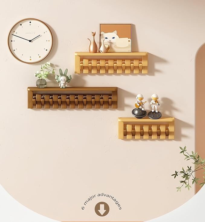Wall Mounted Coat RackHooks Piano Key Hangers Natural Solid Wood Hanger Non-Woven Fabric Clothes Hangers for Closet, Kitchen, Bedroom, Bathroom, Entryway (Tray-Beech, 6 Hooks)