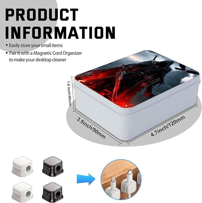 Metal Tin Box with Lid,Multi-functional Storage Box Can Store Tea Biscuits Game Cards, Playing & Tarot Cards-Comes with 4 Magnetic Cord Clips,Dark Warrior with Red Sword