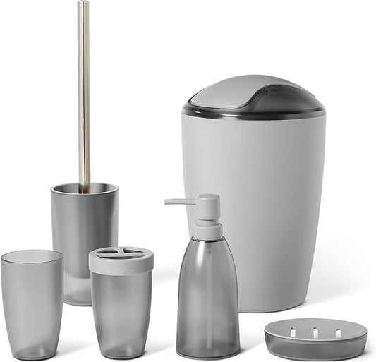 Amazon Basics 6-Piece Bathroom Accessory Set with Toothbrush Holder, Soap Dispenser, Soap Dish, Toothbrush Cup, Trash Can and Toilet Brush & Holder, Grey