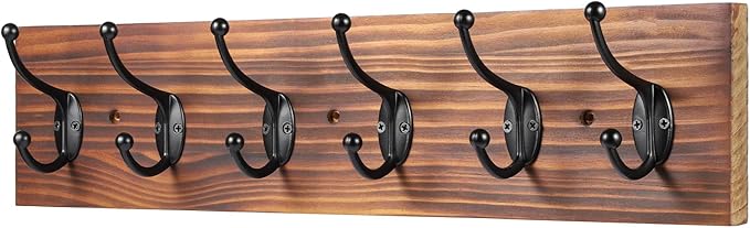 Wooden Coat Rack Wall Mounted, Vintage Coat Hooks Heavy Duty 6 Dual Coat Hangers for Wall,Brown