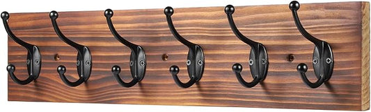 Wooden Coat Rack Wall Mounted, Vintage Coat Hooks Heavy Duty 6 Dual Coat Hangers for Wall,Brown