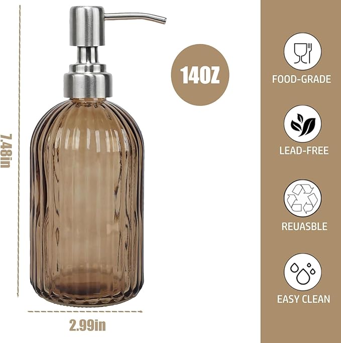 14Oz Brown Soap Dispenser Bathroom - 2 Pack, Clear Glass Hand Soap Dispensers with Stainless Steel Pump, Refillable Dish Soap Dispenser for Kitchen, Countertop Soap Dispensers