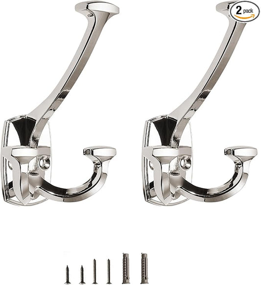 Polished Nickel Hooks Large Wall Mounted Decorative Solid Heavy-Duty Double-Sided Coat Hooks for Hanging Towels Coats Robes Towels Bag Bathroom Wall Hooks (2 Pack)