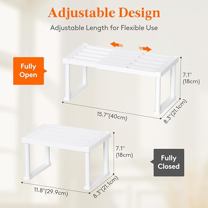 Lifewit Cabinet Shelf Organiser, Expandable Countertop Kitchen Shelves, Plastic Shelf Riser for Pantry Kitchen Storage and Spice Rack, Set of 2, 40 x 21 x 18cm/16 x 8 x 7 inch, White