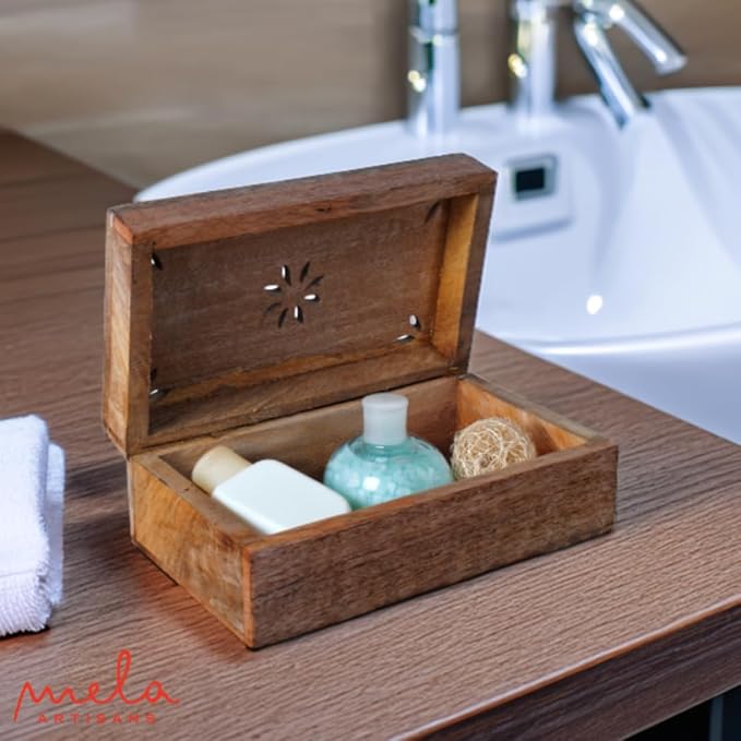 Mela Artisans Decorative Storage Box with Hinged Lid - Light Burnt, Medium | 7.5” x 4.5” x 3”, Rustic Serena Style|Crafted from Mango Wood|Ideal for Keepsakes, Trinkets, Jewelry and Tea Boxs, Book Box