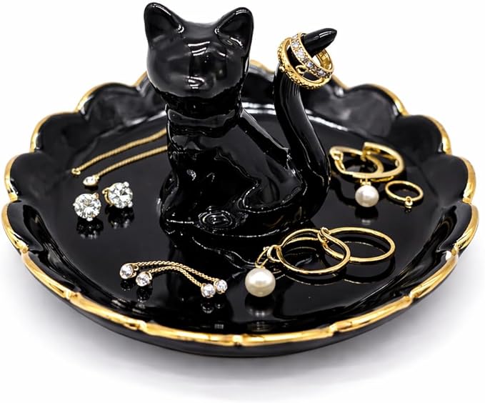 ROSA&ROSE Cat Ring Holder Trinket Tray Ceramic Jewelry Dish Porcelain Ring Organizer,Gift for Women,Girlfriend,Wife,Birthday or Anniversary(Black bow)