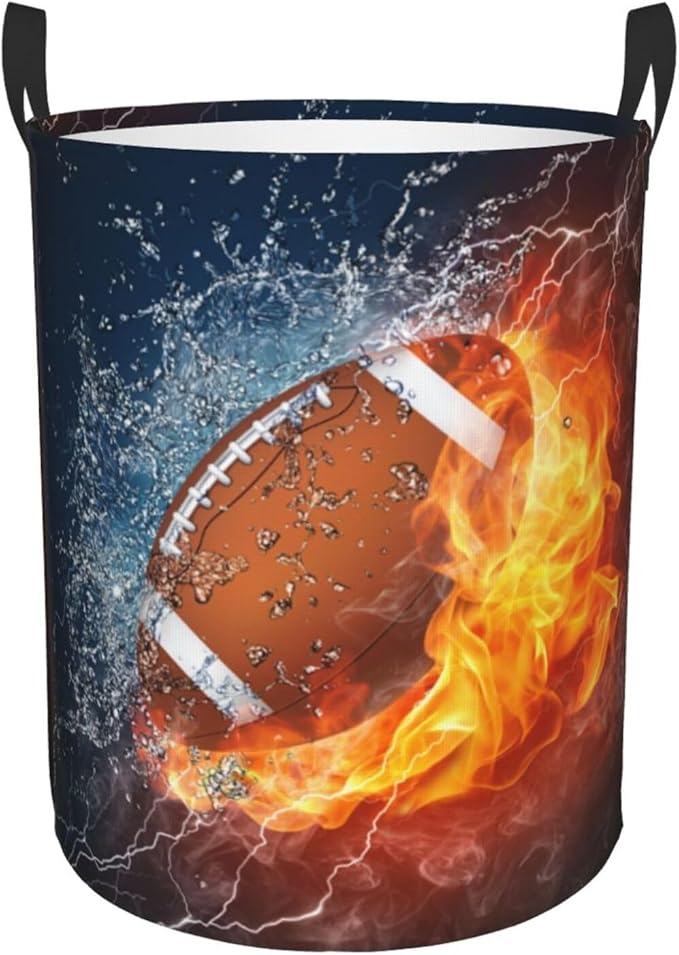 American Football Ball In Fire And Water Round Laundry Hamper Sport Rugby Storage Basket Toys Clothes Organizer Bin For Home Bathroom Bedroom Dorm Nursery, 38l