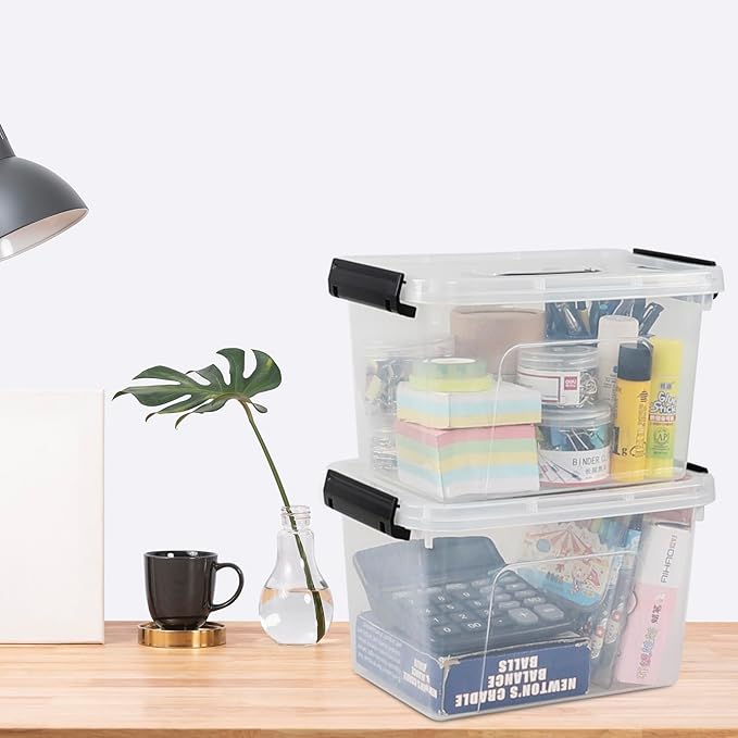 6 Quart Clear Organizer Bin with Lid Set of 4, Plastic Latching Storage Box