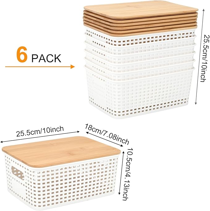 Stackable Storage Bins with Bamboo Lids, 6-Pack, BPA-Free Plastic, 5.1 Qt Capacity, Side Handle, 10x7.2x4.13 Inch, for Home Organization
